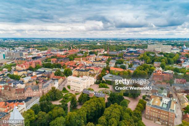 sweden, scania, lund, aerial view of historic old town with clear line of horizon in background - lund sweden stock pictures, royalty-free photos & images