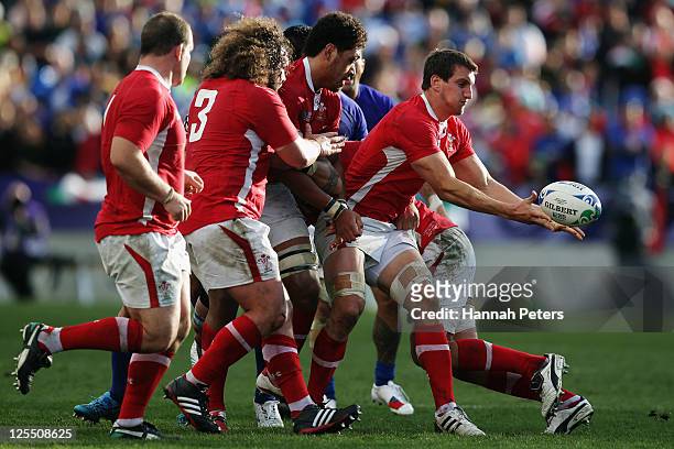 Sam Warburton of Wales disptaches the ball during the IRB 2011 Rugby World Cup Pool D match between Wales and Samoa at Waikato Stadium on September...