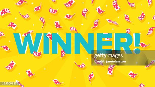 winner! illustration surrounded by falling money - british fifty pound sterling banknotes gbp - 50 pound notes stock illustrations