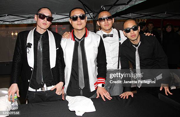 Kev Nish, J-Splif, Prohgress and DJ Virman of Far East Movement attend the 2011 Rock Your Style Grand Finale Concert at Tanger Outlets on September...