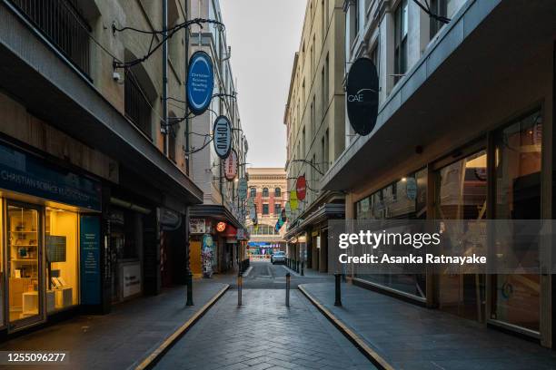 An empty Degraves street which is a usually busy thoroughfare and cafe precinct on July 09, 2020 in Melbourne, Australia. Lockdown measures across...