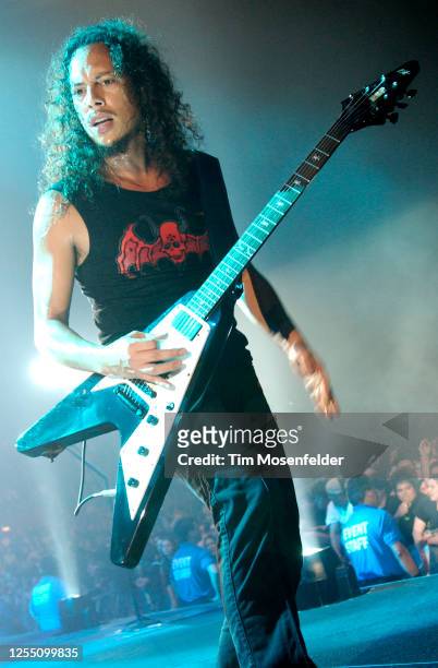 Kirk Hammett of Metallica performs during the band's "St. Anger Tour" at the Cow Palace on March 8, 2004 in South San Francisco, California.