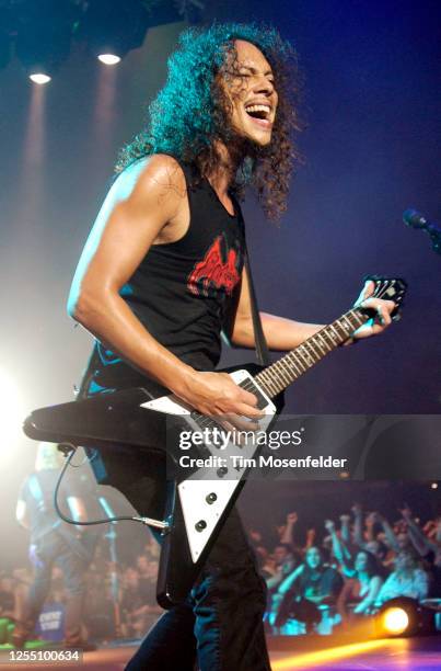 Kirk Hammett of Metallica performs during the band's "St. Anger Tour" at the Cow Palace on March 8, 2004 in South San Francisco, California.