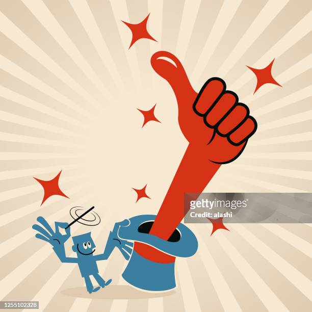 businessman waving the magic wand and then a big hand coming out of the magic hat and showing thumbs up hand sign - hand magic wand stock illustrations