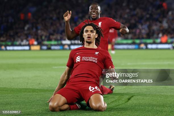 Liverpool's English defender Trent Alexander-Arnold celebrates after scoring his team third goal during the English Premier League football match...