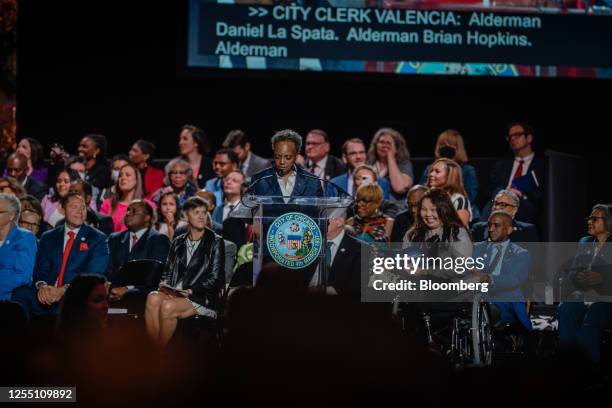 Lori Lightfoot, outgoing mayor of Chicago, during an inauguration ceremony for Brandon Johnson, mayor-elect of Chicago, at the Credit Union 1 Arena...