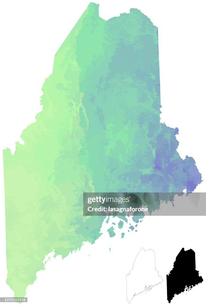Maine, USA Watercolor Textured Color Gradient Vector Map w/ Calligraphy