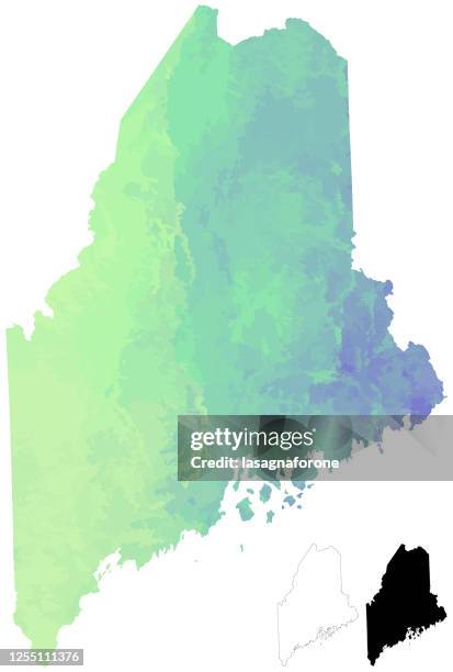 maine, usa watercolor textured color gradient vector map w/ calligraphy - augusta maine stock illustrations