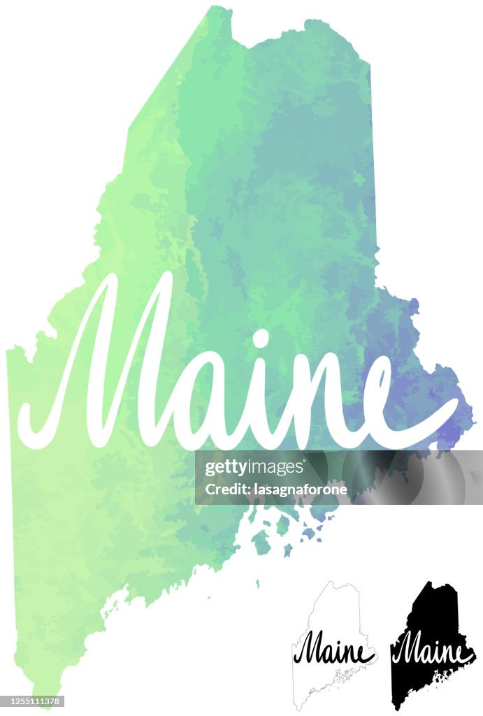 Maine, USA Watercolor Textured Color Gradient Vector Map w/ Calligraphy