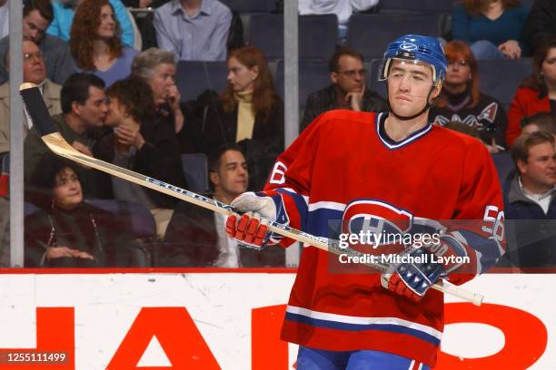 Stephane Robidas of the Montreal Canadiens looks on during a NHL hockey game against the Washington Capitals at MCI Center on January 23, 2002 in...