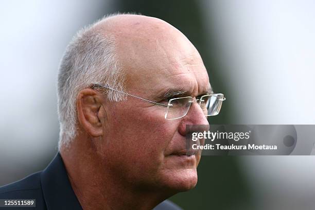 Former All Black Andy Haden looks on during a friendly match between the classic All Blacks of New Zealand and the French Classics of France at...