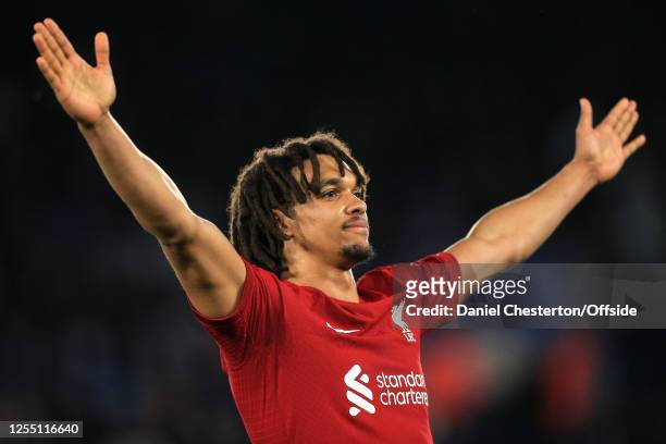 Trent Alexander-Arnold of Liverpool celebrates scoring their 3rd goal during the Premier League match between Leicester City and Liverpool FC at The...