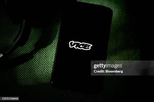 The Vice logo on a smartphone arranged in the Brooklyn borough of New York, US, on Monday, May 15, 2023. Vice Media LLC filed for bankruptcy...