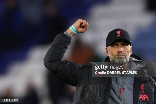 Liverpool's German manager Jurgen Klopp celebrates at the end of the English Premier League football match between Leicester City and Liverpool at...