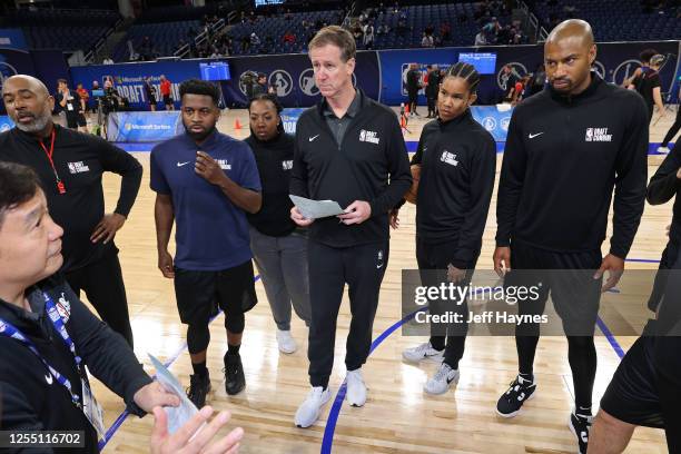 Terry Stotts huddles the coaches up during the 2023 NBA Draft Combine at Wintrust Arena on May 15, 2023 in Chicago, Illinois. NOTE TO USER: User...