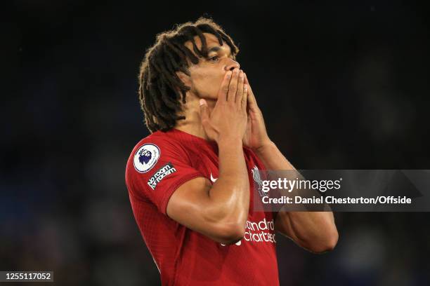 Trent Alexander-Arnold of Liverpool celebrates scoring their 3rd goal during the Premier League match between Leicester City and Liverpool FC at The...