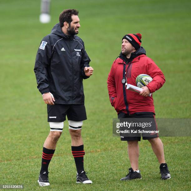 Samuel Whitelock and Assistant Coach Jason Ryan look on during a Crusaders Super Rugby training session at Rugby Park on July 09, 2020 in...