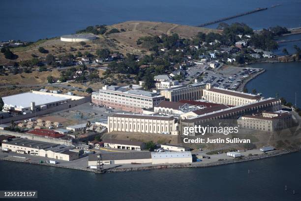 An aerial view San Quentin State Prison on July 08, 2020 in San Quentin, California. Over 1,400 inmates and staff at San Quentin State Prison have...