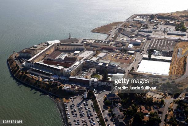 An aerial view San Quentin State Prison on July 08, 2020 in San Quentin, California. Over 1,400 inmates and staff at San Quentin State Prison have...