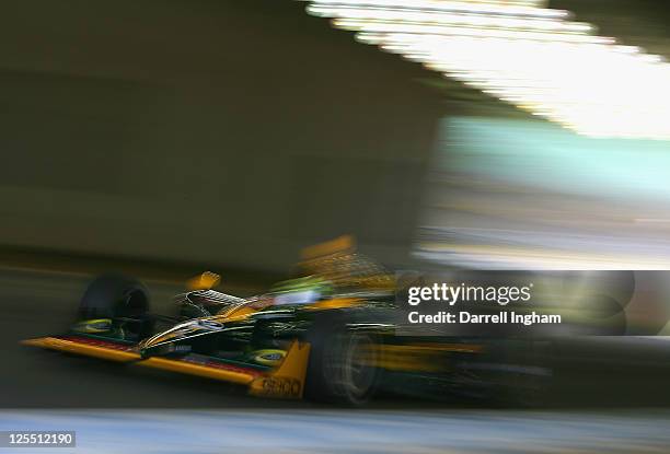 Tony Kanaan of Brazil drives the GEICO KV Racing Dallara Honda during the Indy Japan 300 The Final, on the road course at the Twin Ring Motegi on...