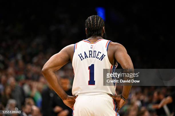 James Harden of the Philadelphia 76ers looks on during Game 7 of the Eastern Conference Semi-Finals 2023 NBA Playoffs on May 14, 2023 at the TD...