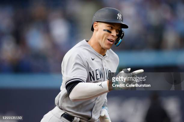 Aaron Judge of the New York Yankees runs out a home run in the first inning of their MLB game against the Toronto Blue Jays at Rogers Centre on May...