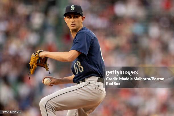 George Kirby of the Seattle Mariners delivers during the first inning of a game against the Boston Red Sox on May 15, 2023 at Fenway Park in Boston,...