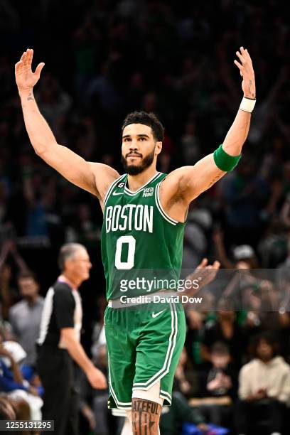Jayson Tatum of the Boston Celtics celebrates during Game 7 of the Eastern Conference Semi-Finals 2023 NBA Playoffs on May 14, 2023 at the TD Garden...