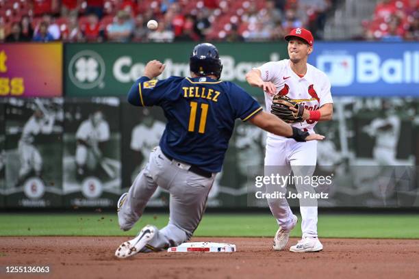 Rowdy Tellez of the Milwaukee Brewers is out at seconds as Tommy Edman of the St. Louis Cardinals turns a double play in the first inning at Busch...