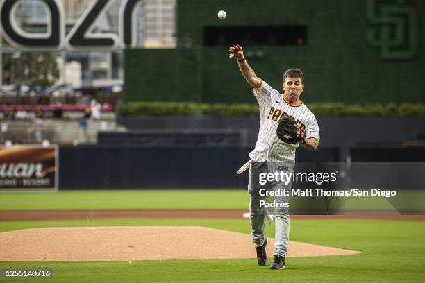 Entertainer Steve-O throws out the ceremonial first pitch before the San Diego Padres face against the Kansas City Royals on May 15, 2023 at Petco...