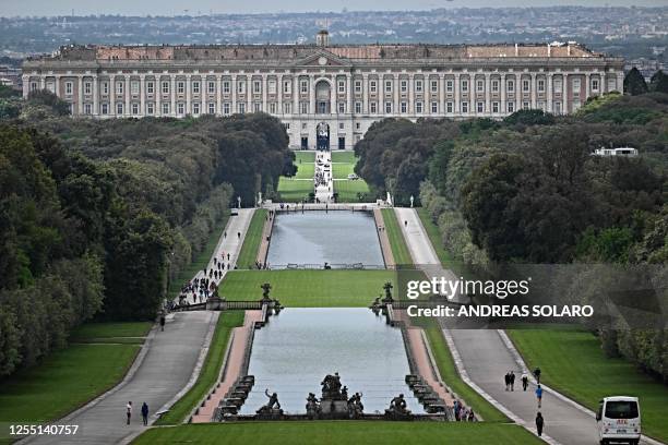 This aerial photo taken on May 12, 2023 shows a view of the Royal Palace of Caserta, the residence of the Bourbon dynasty in Caserta, near Naples, on...