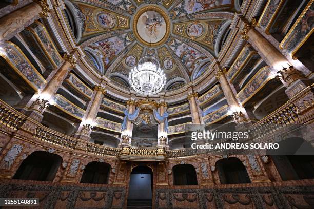 This photo taken on May 12, 2023 shows the Court Theatre of the Royal Palace of Caserta, the residence of the Bourbon dynasty near Naples, on the day...