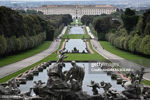 This aerial photo taken on May 12, 2023 shows a view of the Royal Palace of Caserta, the residence of the Bourbon dynasty in Caserta, near Naples, on...