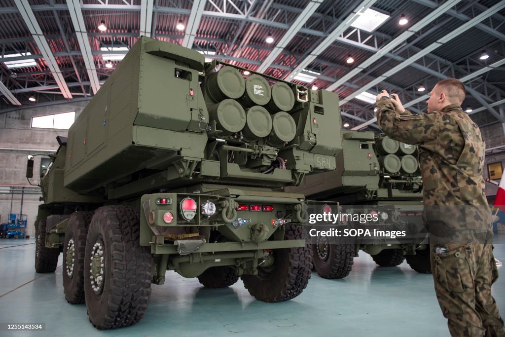 Himars rocket launchers placed on military vehicles and...