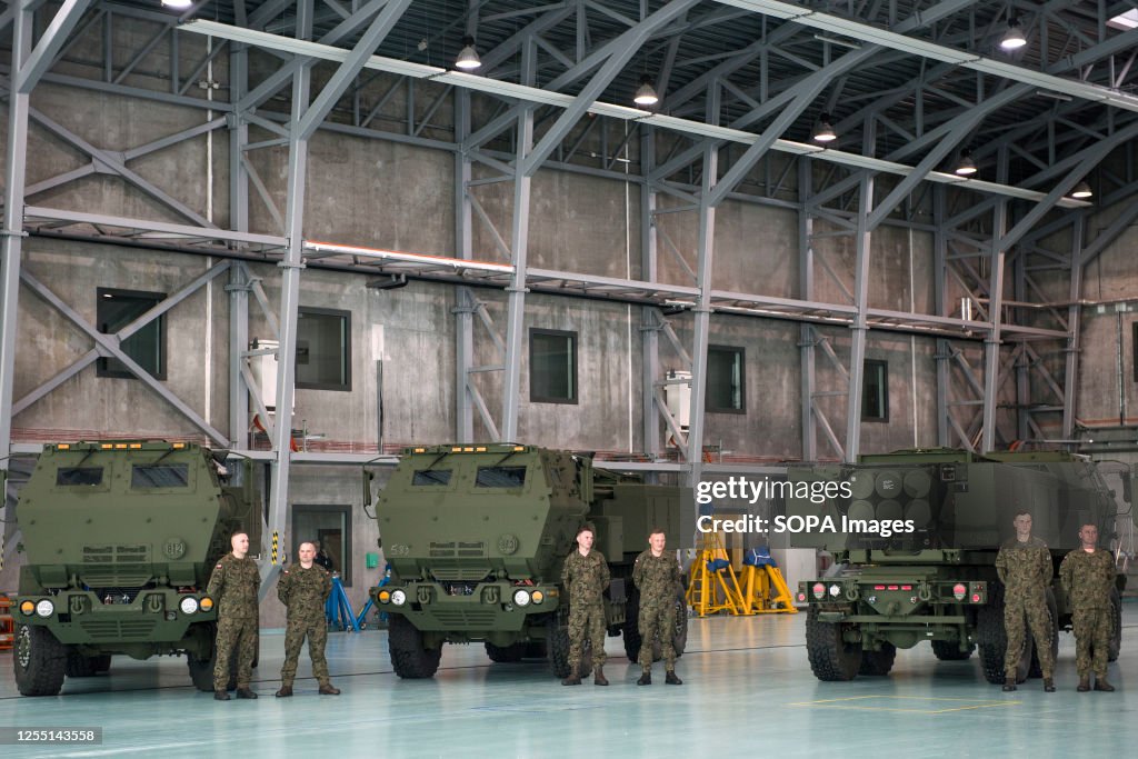Himars rocket launchers placed on military vehicles and...