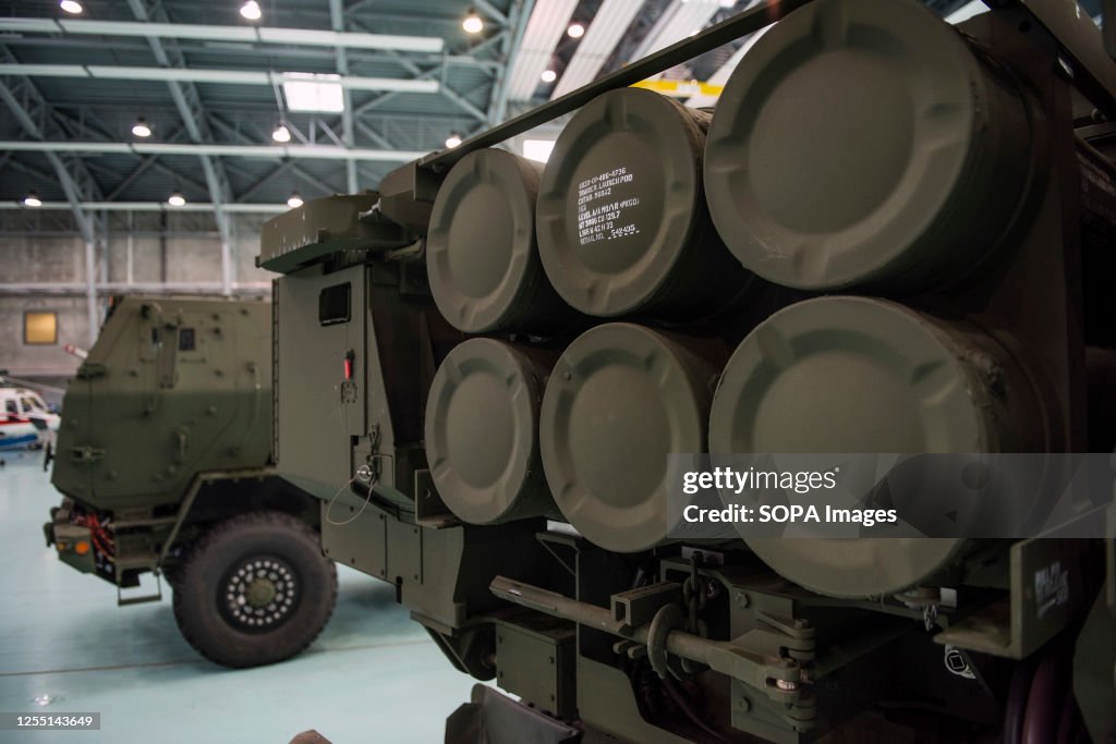 Himars rocket launchers are seen placed on military vehicles...