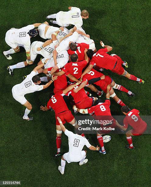 England and Georgia pack down for a scrum during the IRB 2011 Rugby World Cup Pool B match between England and Georgia at Otago Stadium on September...