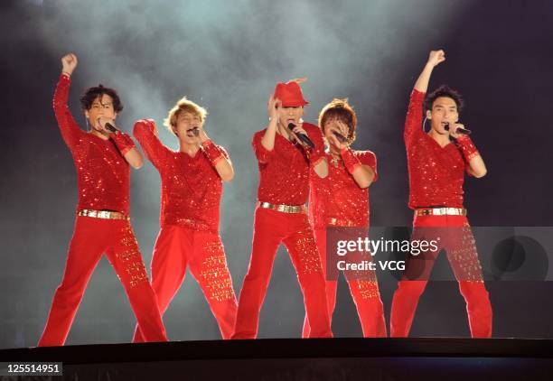 Japanese boy band SMAP perform on the stage at Beijing Concert at Beijing Workers Stadium on September 16, 2011 in Bejing, China.
