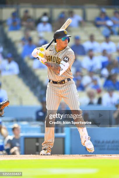 San Diego Padres third baseman Manny Machado at bat during the MLB game between the San Diego Padres and the Los Angeles Dodgers on May 13, 2023 at...