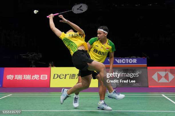 Rinov Rivaldy and Pitha Haningtyas Mentar of Indonesia compet during their mixed doubles match against Jones Ralfy Jansen and Linda Efler of Germany...