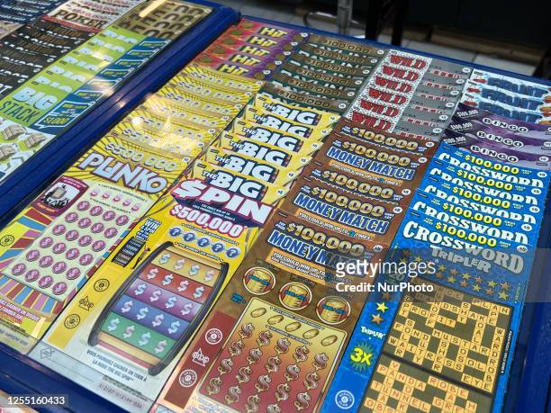 Instant scratch and win lottery tickets displayed at a small kiosk in Toronto, Ontario, Canada, on April 06, 2023.