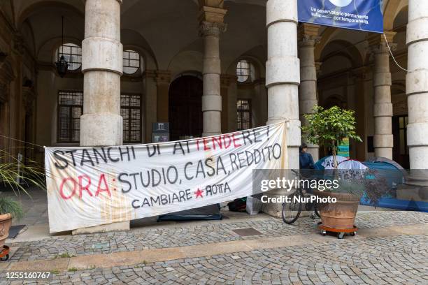 The camping tents were set up under the arcade of the courtyard of the rectorate, the seat of the University of Turin, for the student protest...