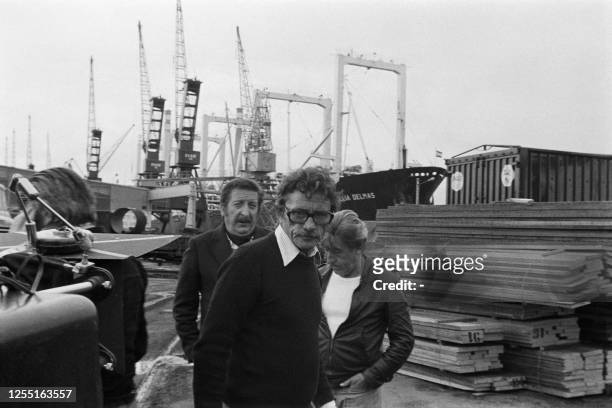 Photo taken on July 22, 1974 in Le havre shows French director Robert Lamoureux and his cast, French actors Pierre Tornade and Jean Lefebvre, during...