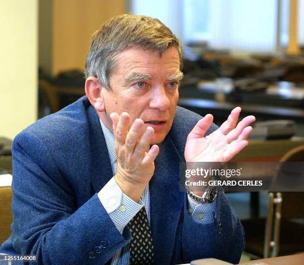 French agriculture minister Jean Glavany gestures during his press conference after the EU's agriculture and fishery council, Wednesday 25 March...