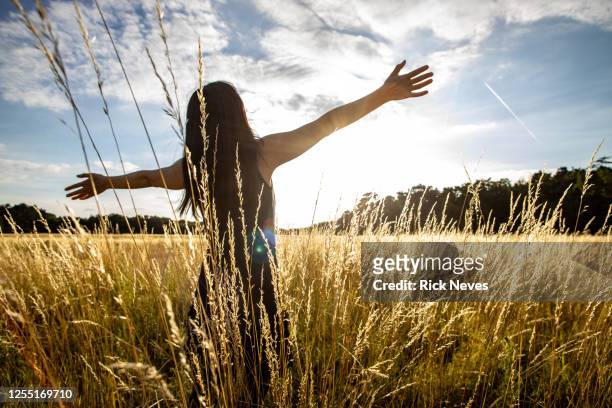 japanese woman with open arms in field - north rhine westphalia foto e immagini stock