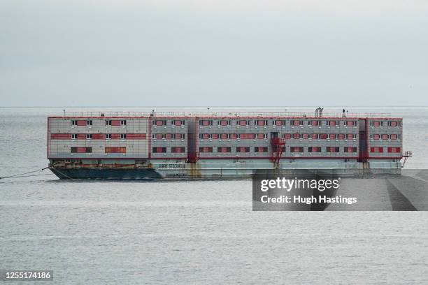 Bibby Stockholm, the barge which is to be used by the Home Office to house up to 500 male asylum seekers, arrives from Genoa on May 9 in Falmouth,...