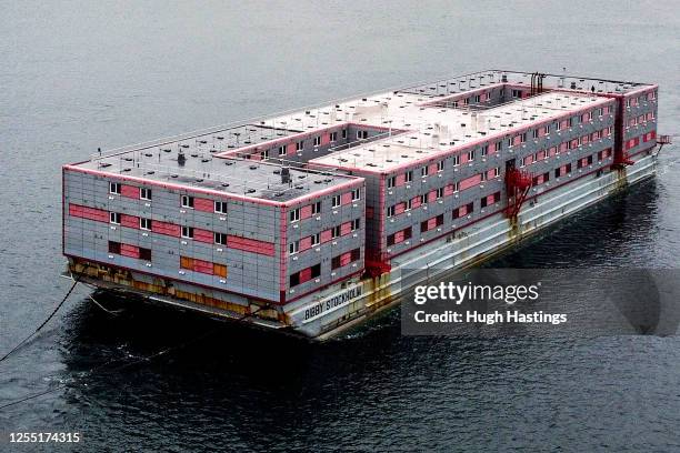 Bibby Stockholm, the barge which is to be used by the Home Office to house up to 500 male asylum seekers, arrives from Genoa on May 9 in Falmouth,...