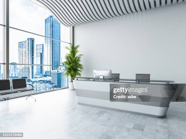 front view of reception desk with cityscape - modern banking stock pictures, royalty-free photos & images