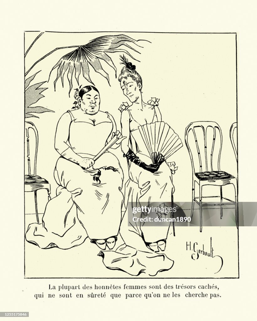 Two ugly woman rejected at a dance, Victorian cartoon