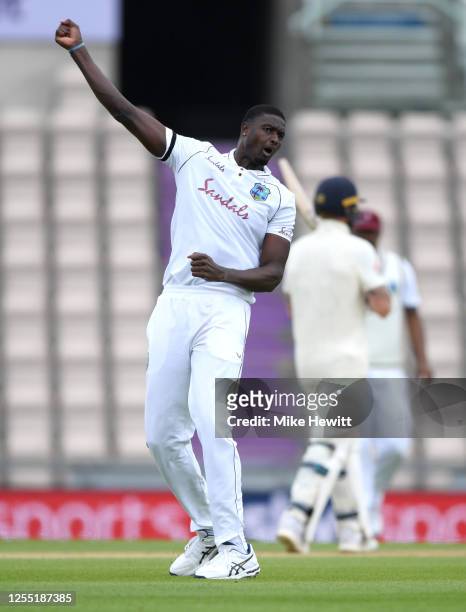 West Indies Jason Holder celebrates dismissing Ollie Pope of England during day two of the 1st #RaiseTheBat Test match at The Ageas Bowl on July 09,...
